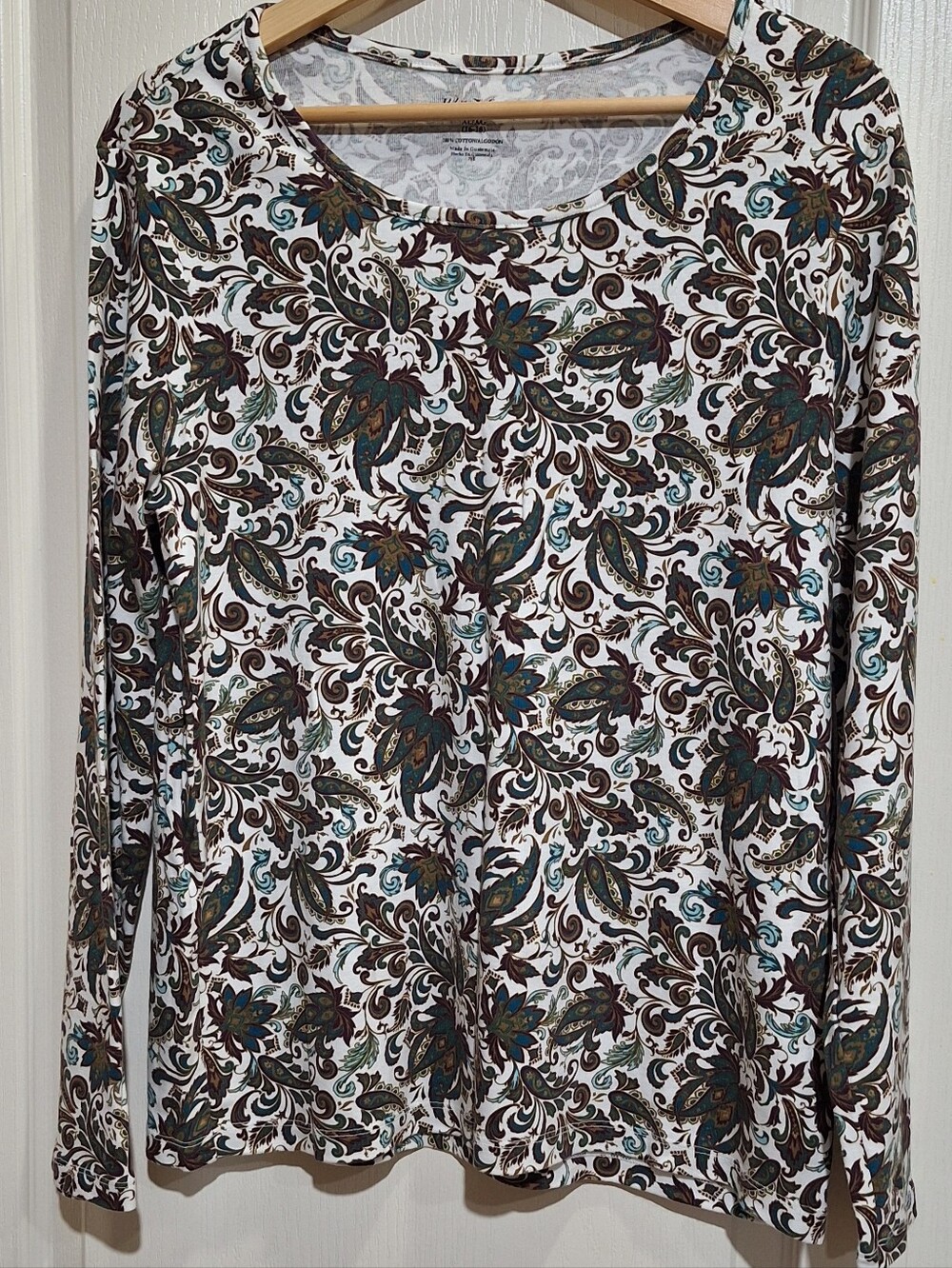 White Stag Sz XL Paisley Purple Rich Green Fall Floral Long Sleeve Top Tee Boho